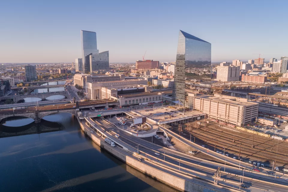 Aerial view of 30th Street Station with train tracks and buildings in Philadelphia, Pennsylvania